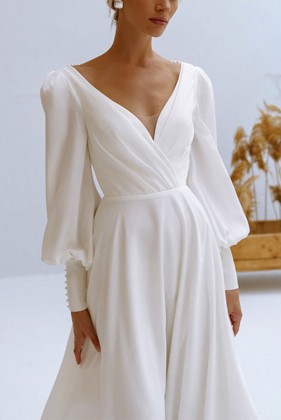 A-Line V-Neck Long Sleeves Chiffon Wedding Dresses With Beading