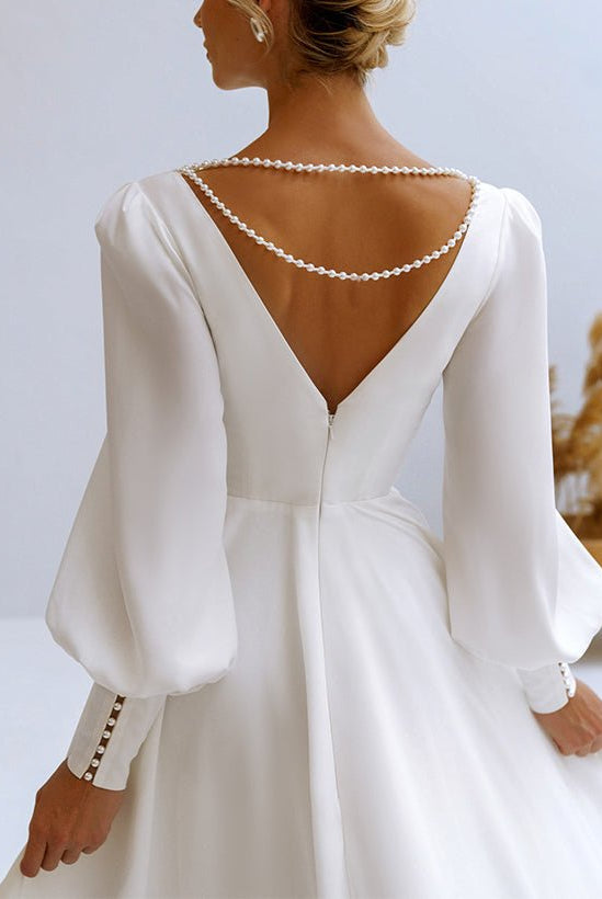 A-Line V-Neck Long Sleeves Chiffon Wedding Dresses With Beading