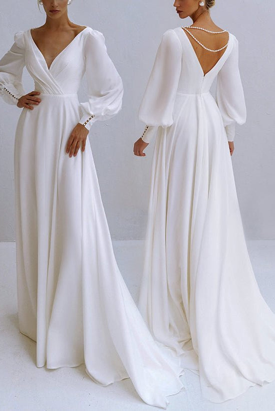 A-Line V-Neck Long Sleeves Chiffon Wedding Dresses With Beading