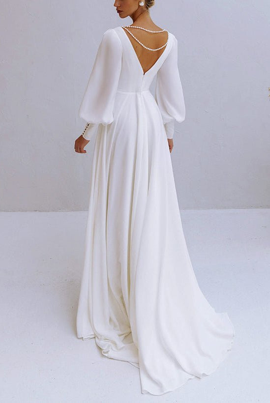 A-Line V-Neck Long Sleeves Chiffon Wedding Dresses With Beading