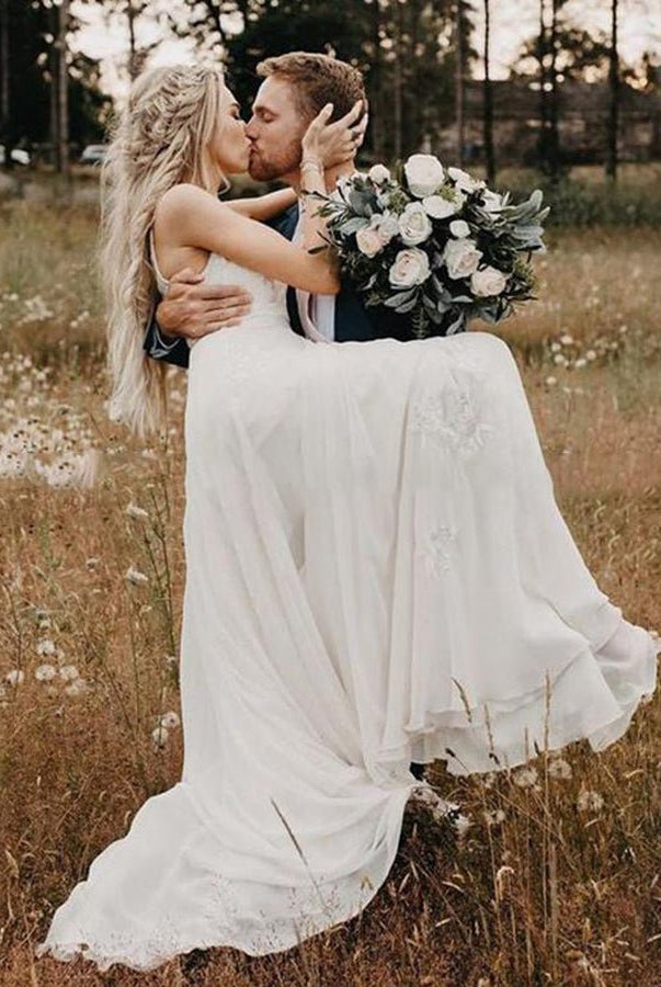 A Line V Neck Long Wedding Dresses Lace Chiffon Bohemian Bridal Gown - KissProm