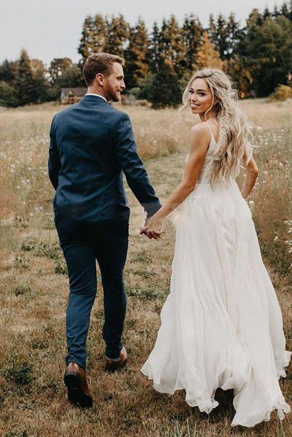 A Line V Neck Long Wedding Dresses Lace Chiffon Bohemian Bridal Gown - KissProm