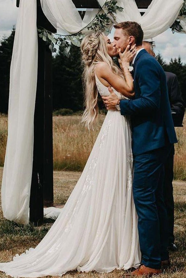 A Line V Neck Long Wedding Dresses Lace Chiffon Bohemian Bridal Gown - KissProm