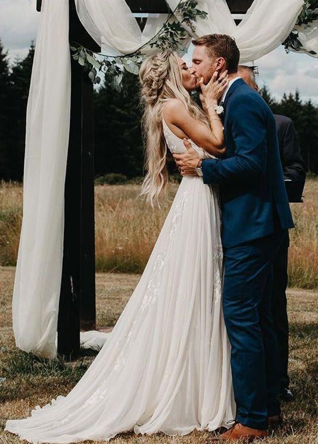 A Line V Neck Long Wedding Dresses Lace Chiffon Bohemian Bridal Gown - KissProm