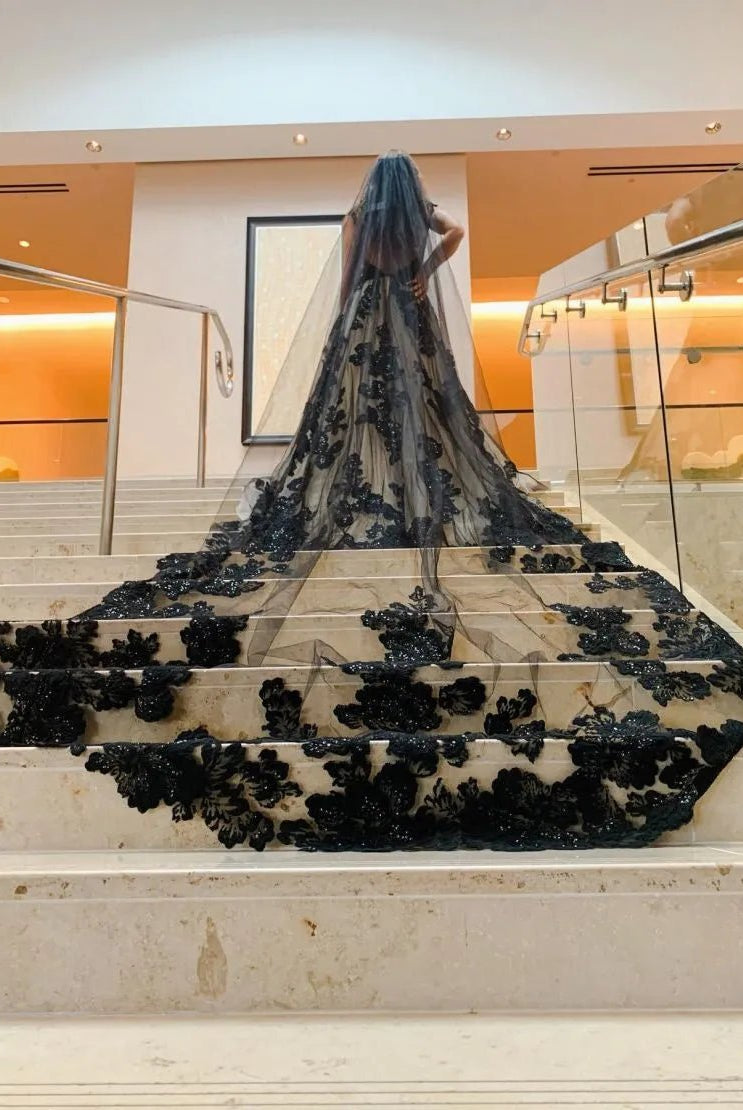 A-Line V-Neck Open Back Court Train Black Wedding Dress With Veil