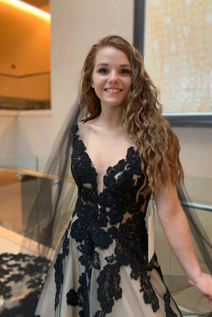 A-Line V-Neck Open Back Court Train Black Wedding Dress With Veil