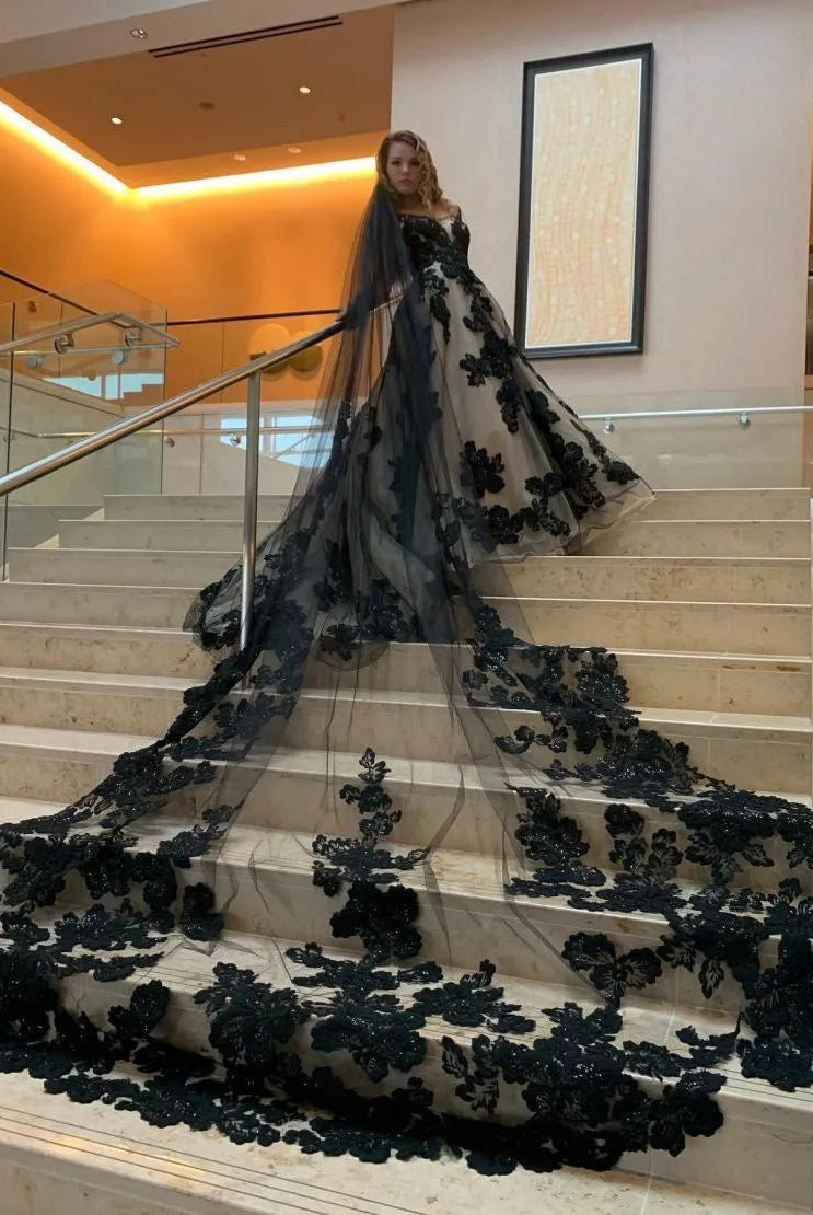 A-Line V-Neck Open Back Court Train Black Wedding Dress With Veil