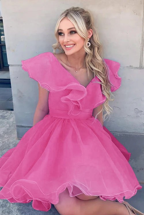 Agatha |A Line V Neck Organza Ruffles Homecoming Dress