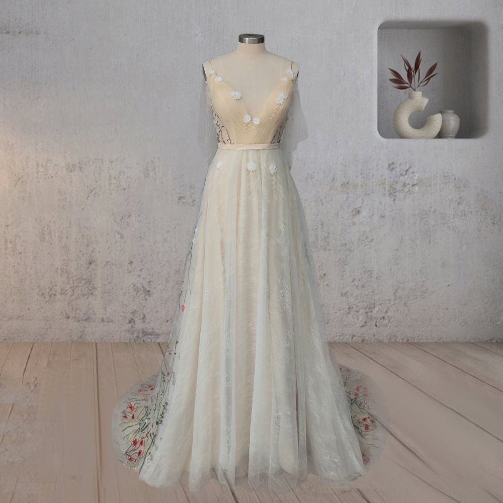 Romantic Deep V Neckline Floral Appliqued Bridal Gown Wedding Dress  WD460