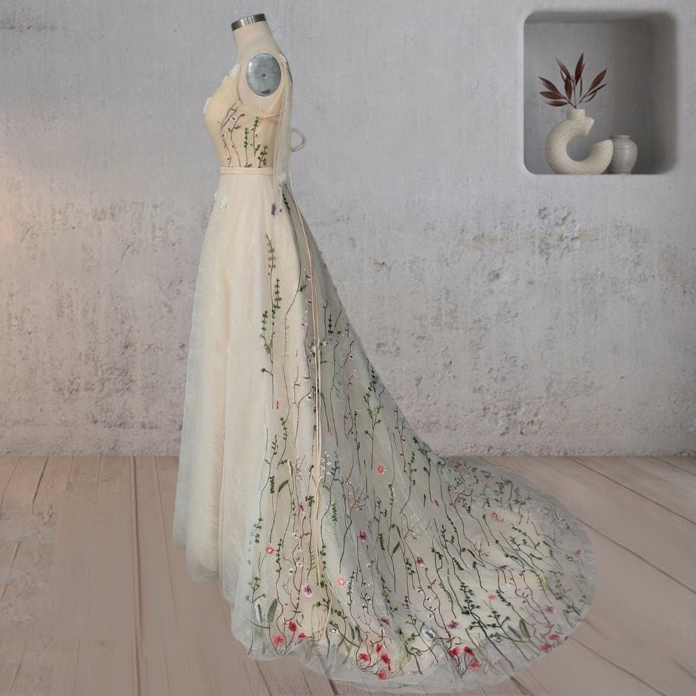 Diva | A-Line V Neck Sleeveless Floral Enchantment Boho Wedding Dress