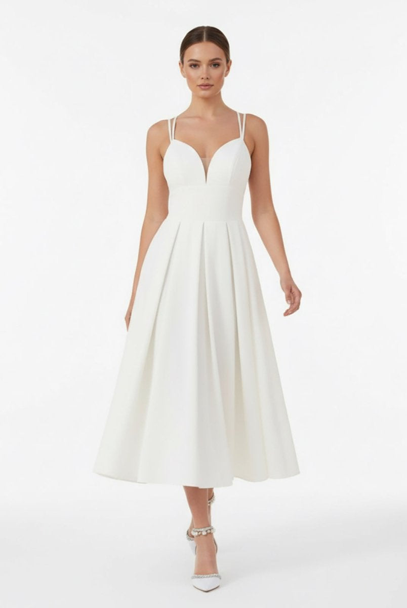 A - Line V - Neck Sleeveless Satin Knee - Length Wedding Dress - KissProm