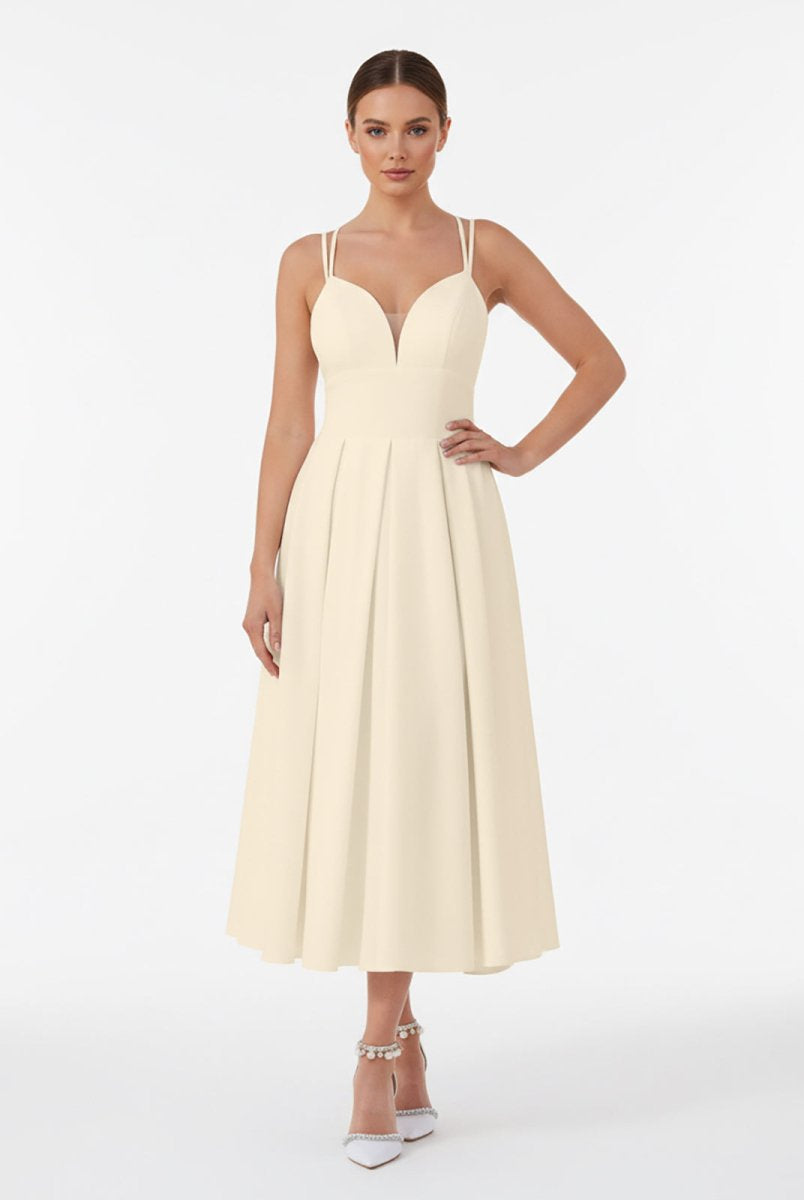 A - Line V - Neck Sleeveless Satin Knee - Length Wedding Dress - KissProm