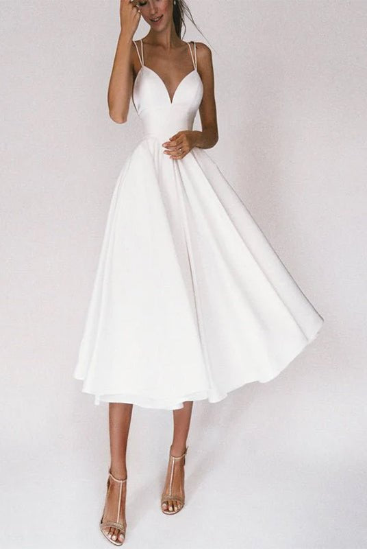 A - Line V - Neck Sleeveless Satin Knee - Length Wedding Dress - KissProm