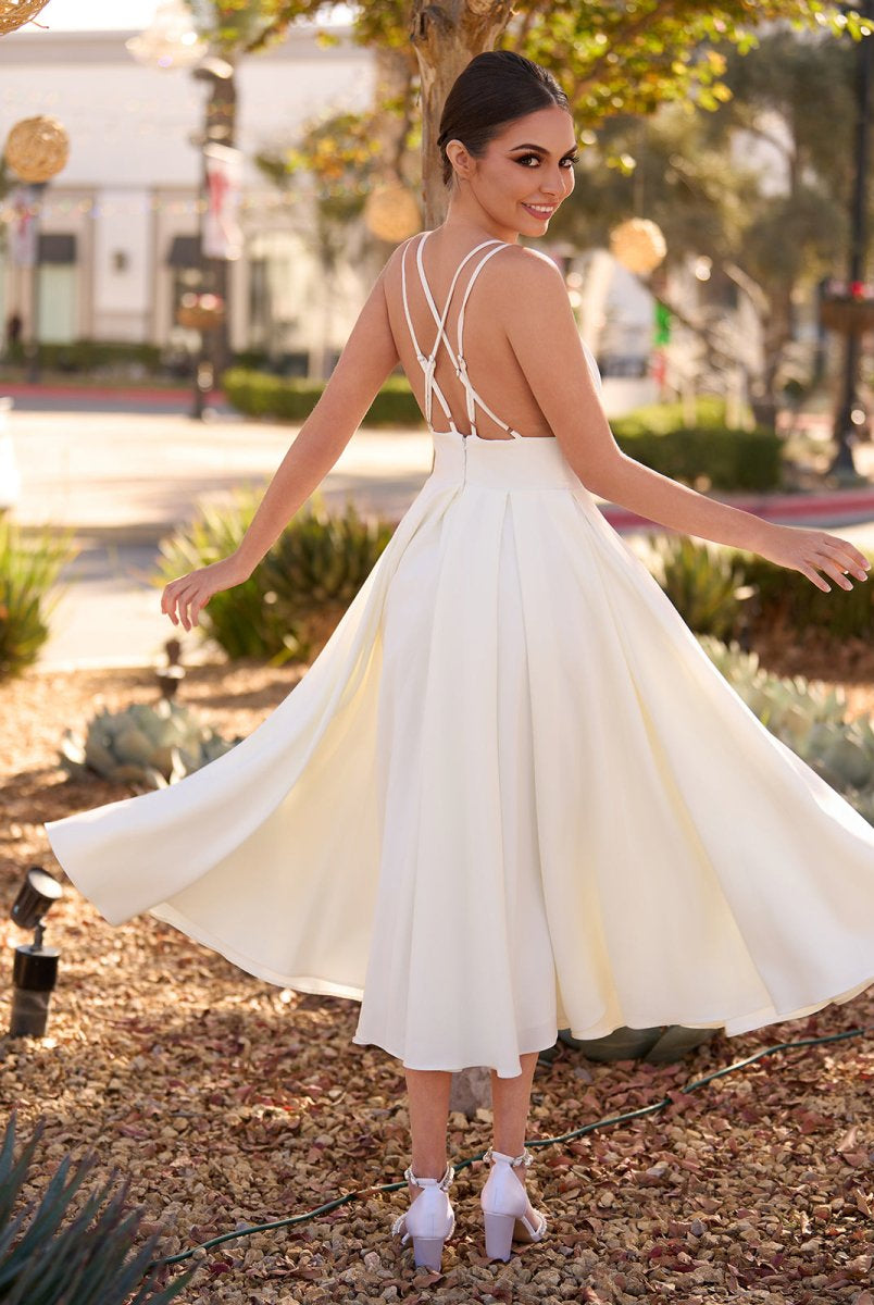 A-Line V-Neck Sleeveless Satin Knee-Length Wedding Dress