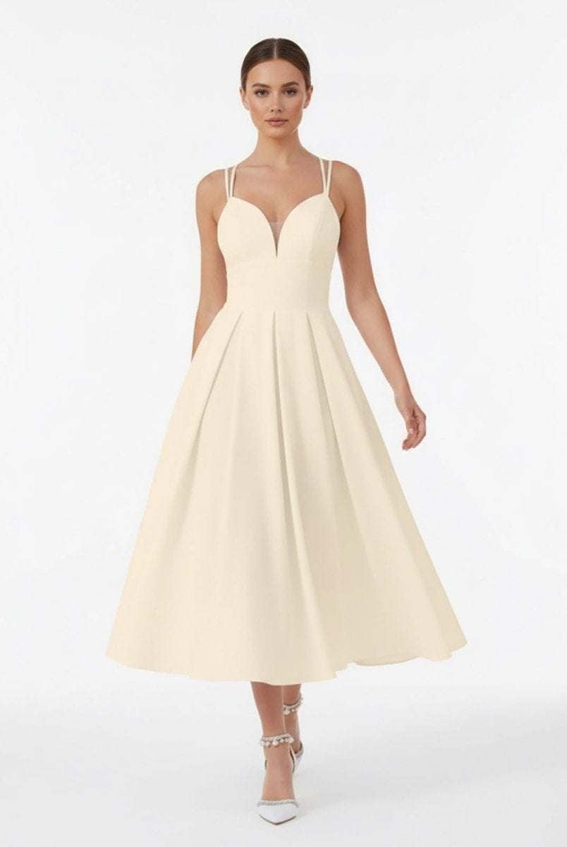 A - Line V - Neck Sleeveless Satin Knee - Length Wedding Dress - KissProm
