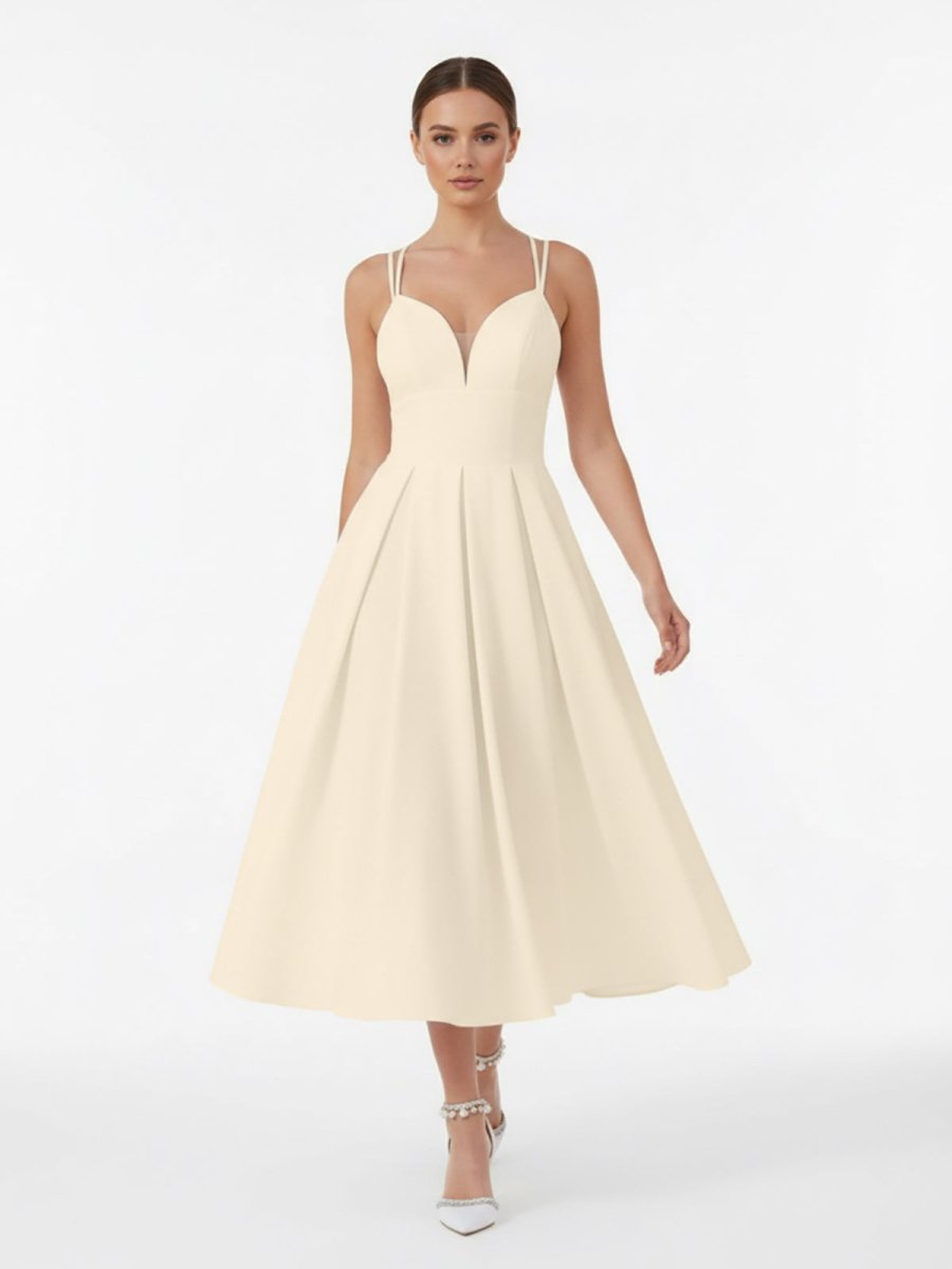 A - Line V - Neck Sleeveless Satin Knee - Length Wedding Dress - KissProm