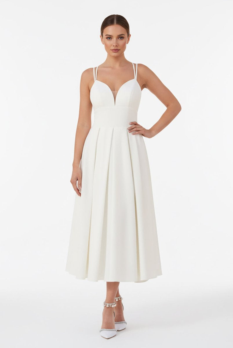 A - Line V - Neck Sleeveless Satin Knee - Length Wedding Dress - KissProm