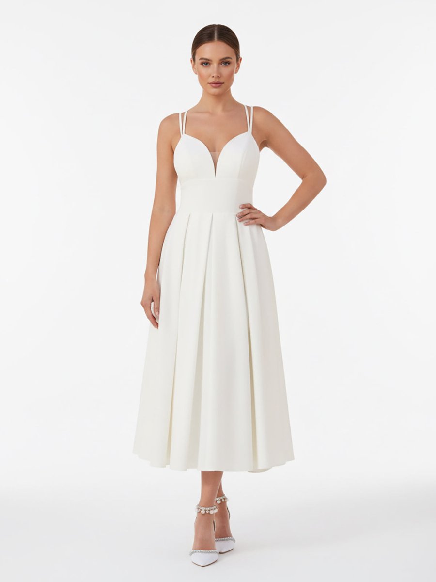 A - Line V - Neck Sleeveless Satin Knee - Length Wedding Dress - KissProm