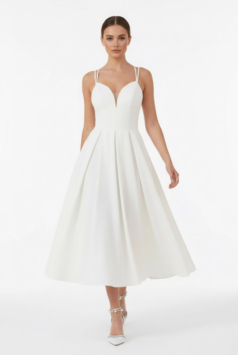 A - Line V - Neck Sleeveless Satin Knee - Length Wedding Dress - KissProm