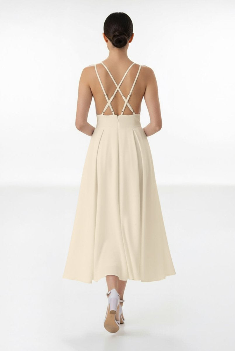 A - Line V - Neck Sleeveless Satin Knee - Length Wedding Dress - KissProm