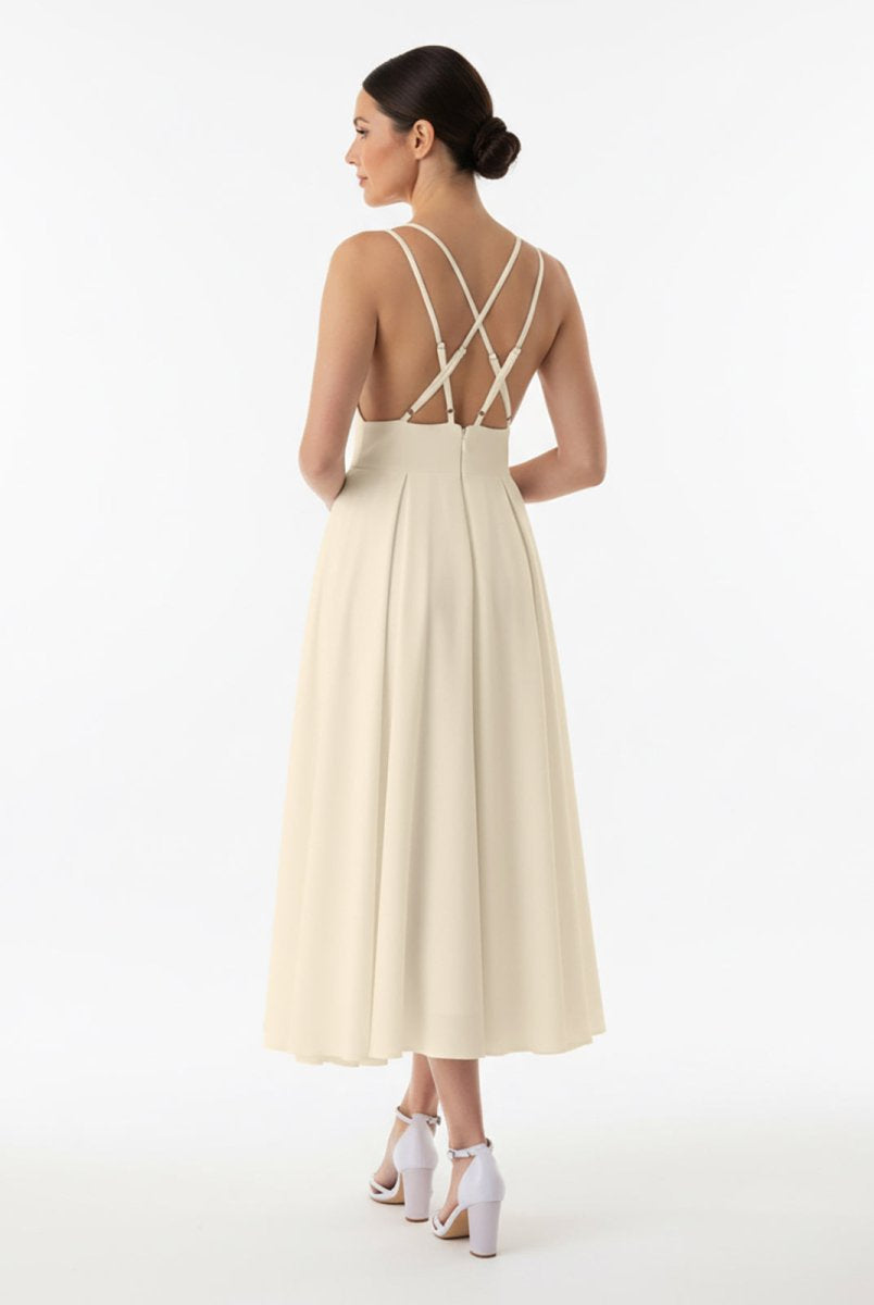 A - Line V - Neck Sleeveless Satin Knee - Length Wedding Dress - KissProm