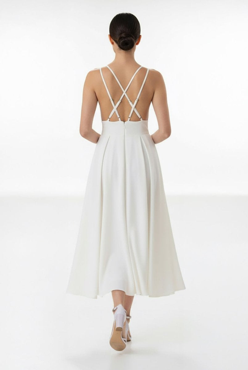 A - Line V - Neck Sleeveless Satin Knee - Length Wedding Dress - KissProm