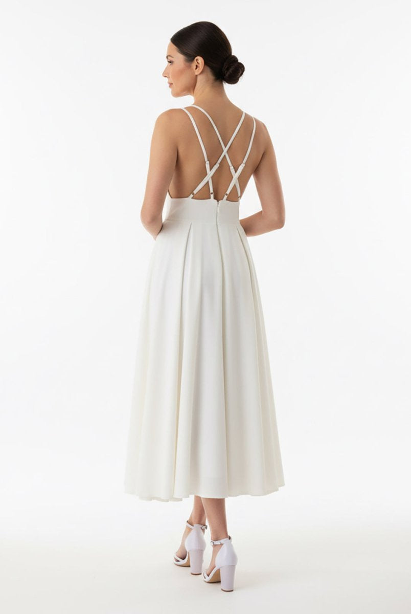 A - Line V - Neck Sleeveless Satin Knee - Length Wedding Dress - KissProm