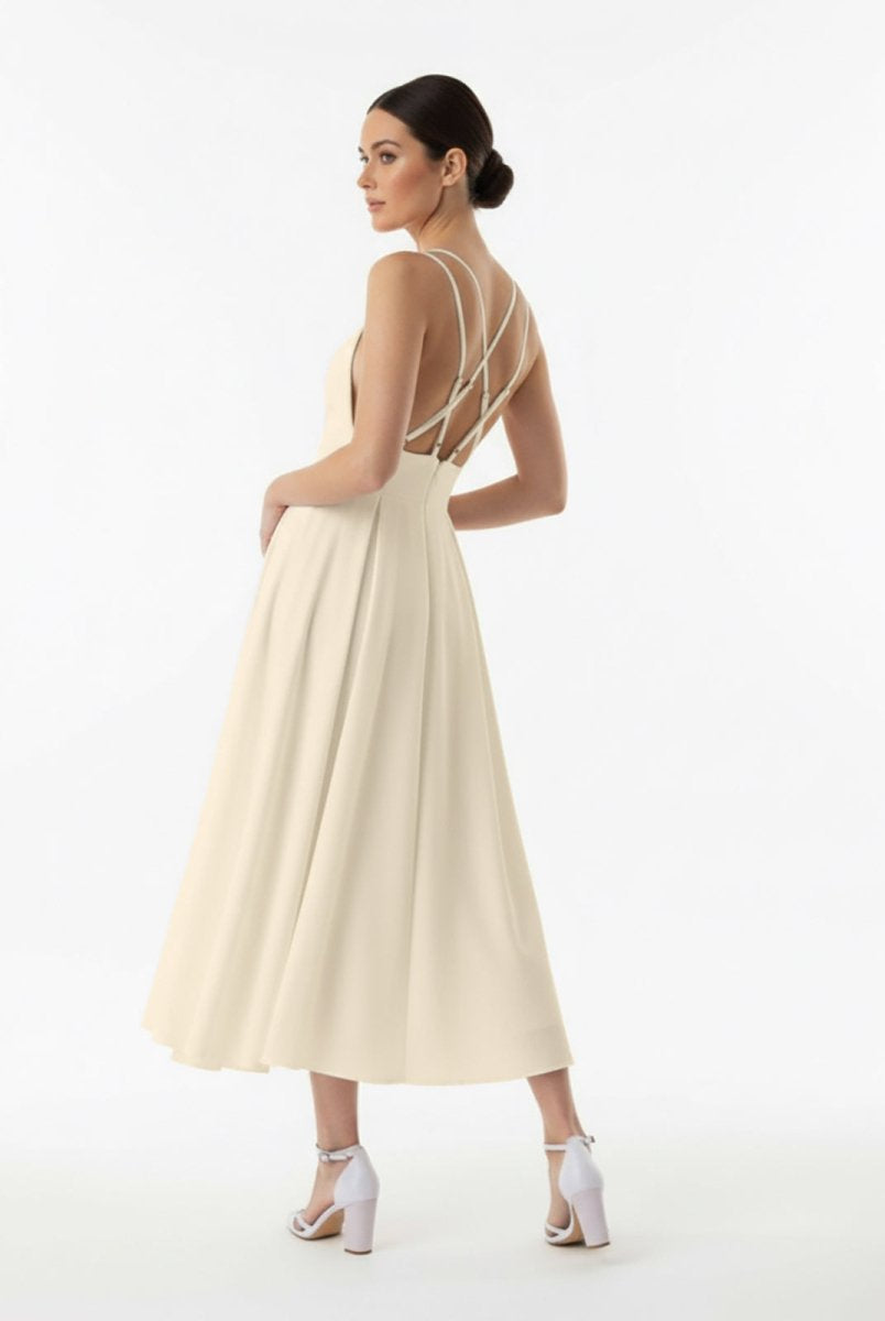 A - Line V - Neck Sleeveless Satin Knee - Length Wedding Dress - KissProm