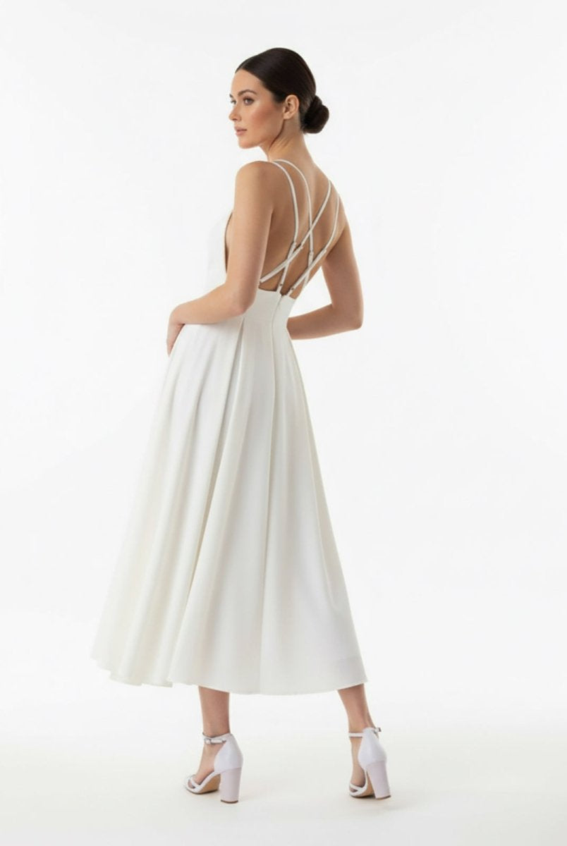 A - Line V - Neck Sleeveless Satin Knee - Length Wedding Dress - KissProm