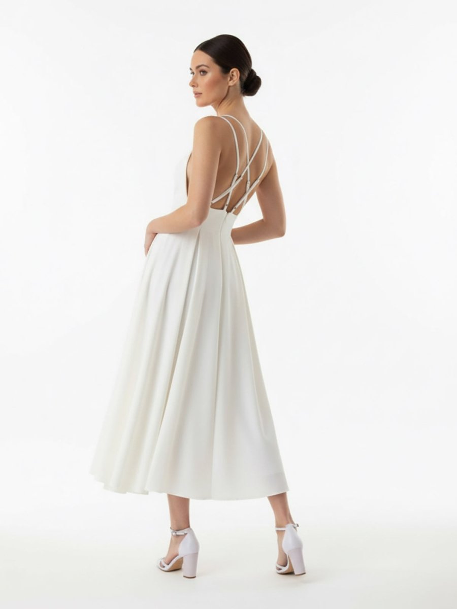 A - Line V - Neck Sleeveless Satin Knee - Length Wedding Dress - KissProm