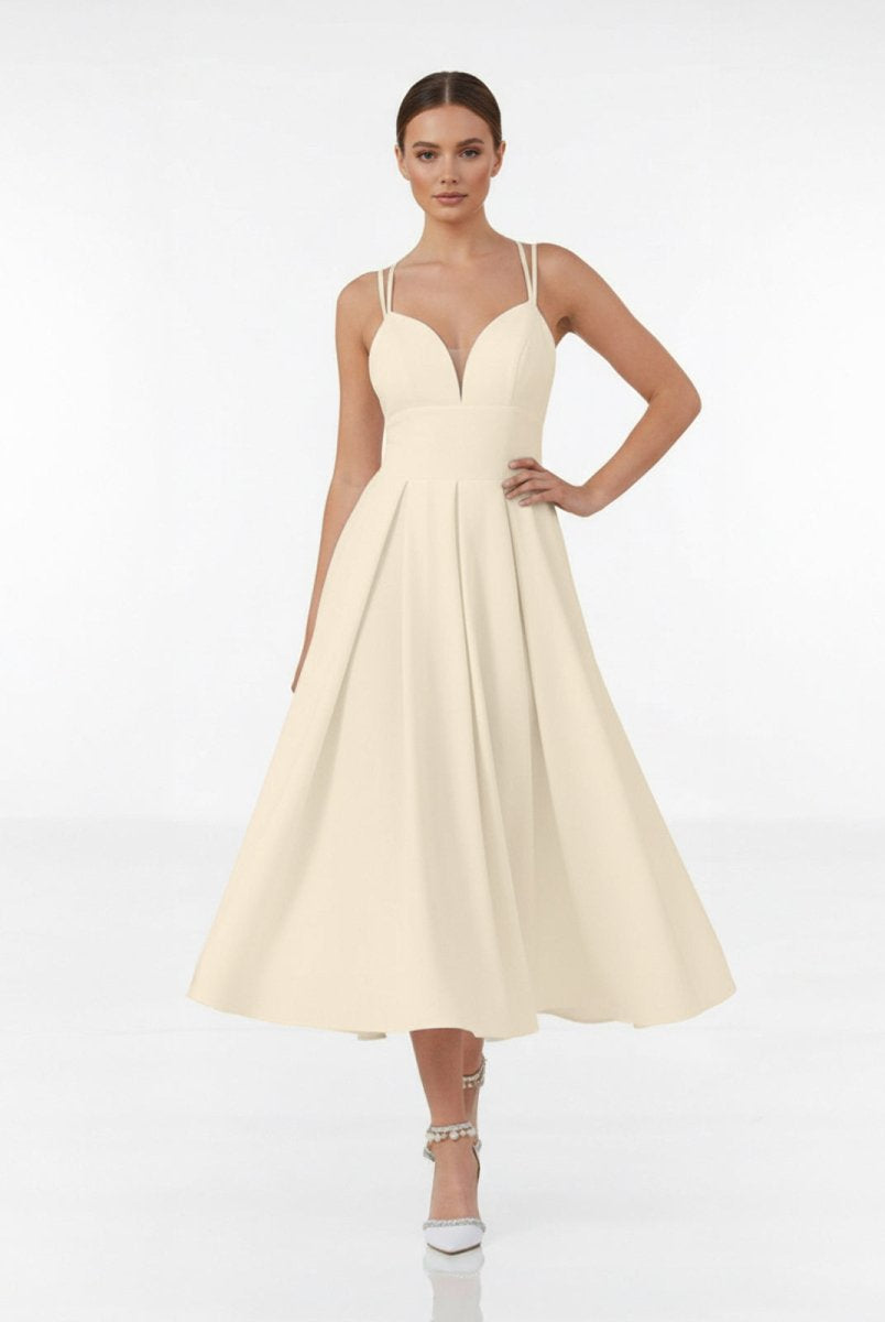 A - Line V - Neck Sleeveless Satin Knee - Length Wedding Dress - KissProm