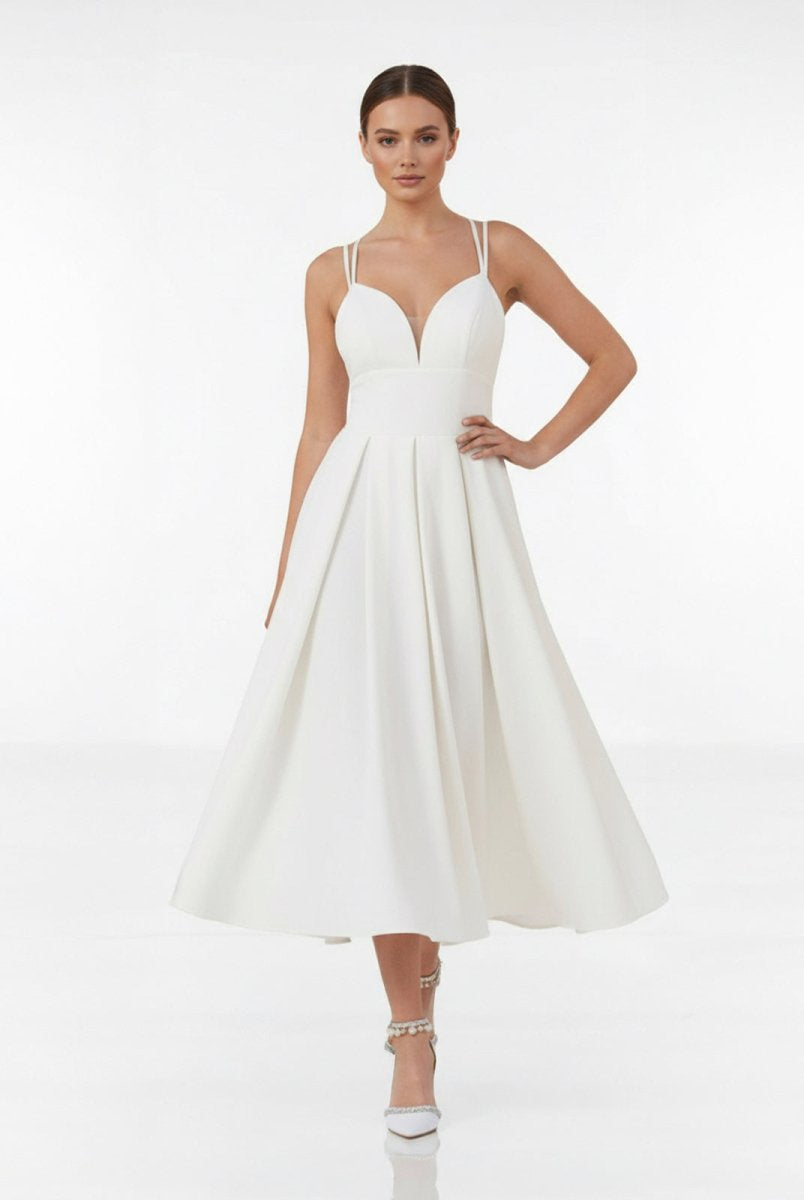A - Line V - Neck Sleeveless Satin Knee - Length Wedding Dress - KissProm
