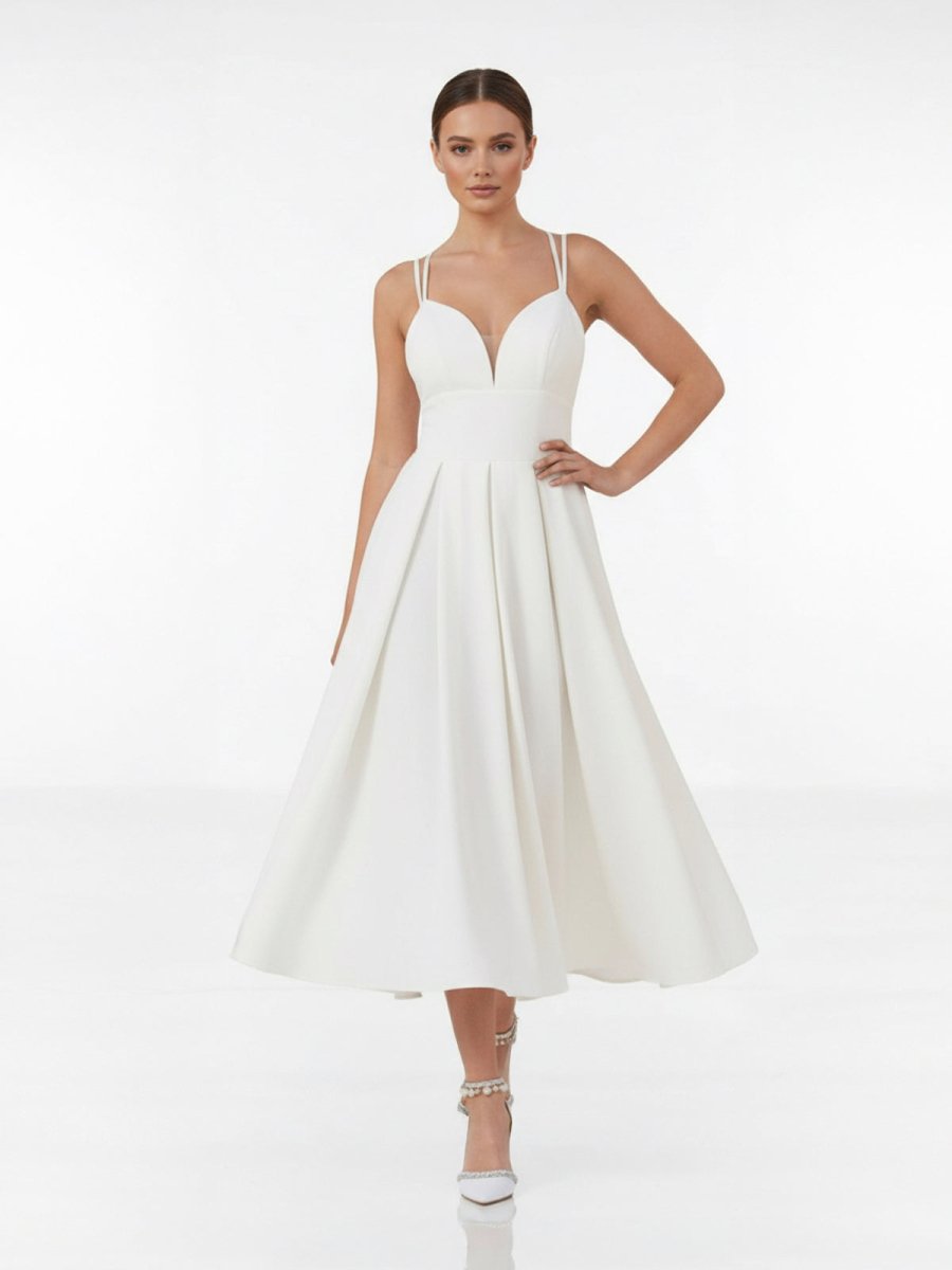 A - Line V - Neck Sleeveless Satin Knee - Length Wedding Dress - KissProm