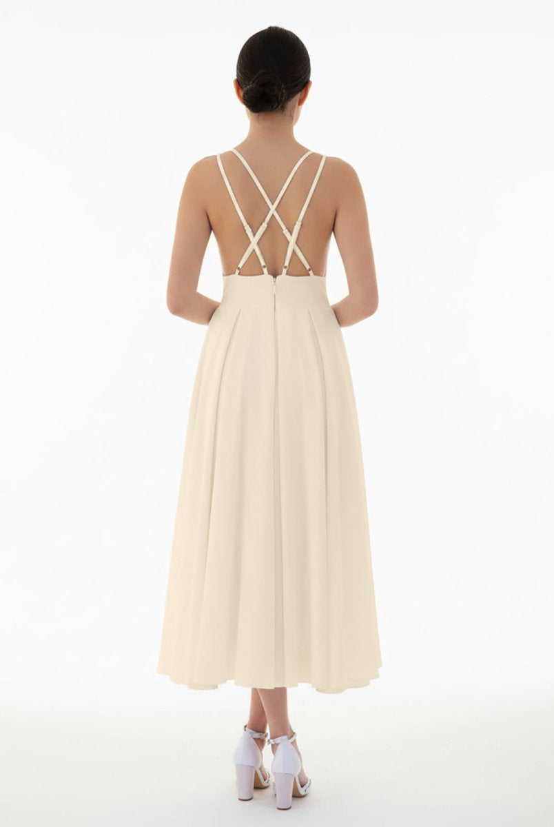 A - Line V - Neck Sleeveless Satin Knee - Length Wedding Dress - KissProm