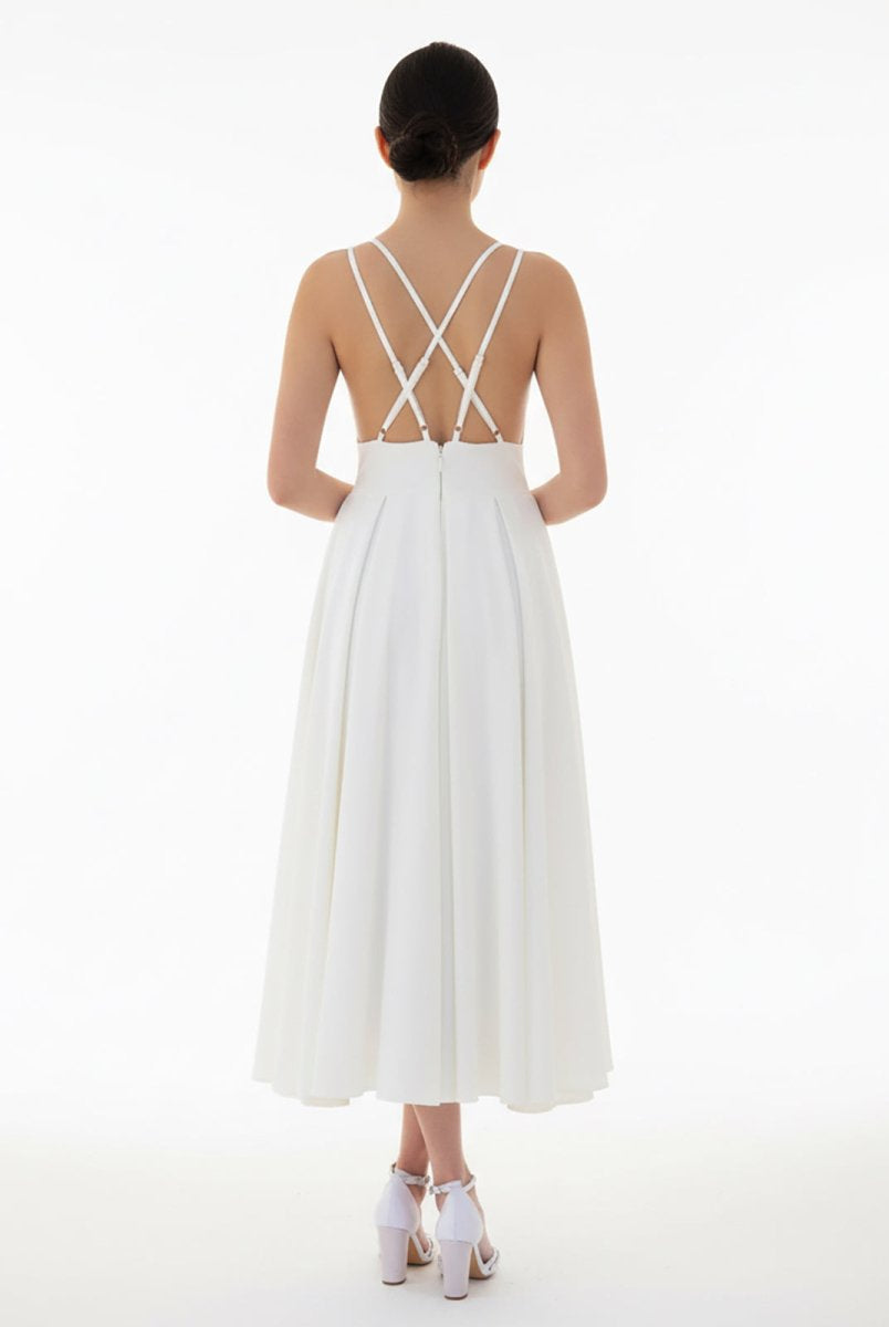 A - Line V - Neck Sleeveless Satin Knee - Length Wedding Dress - KissProm