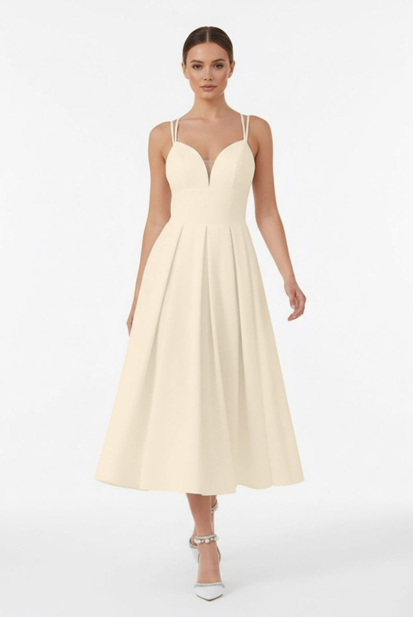 A - Line V - Neck Sleeveless Satin Knee - Length Wedding Dress - KissProm