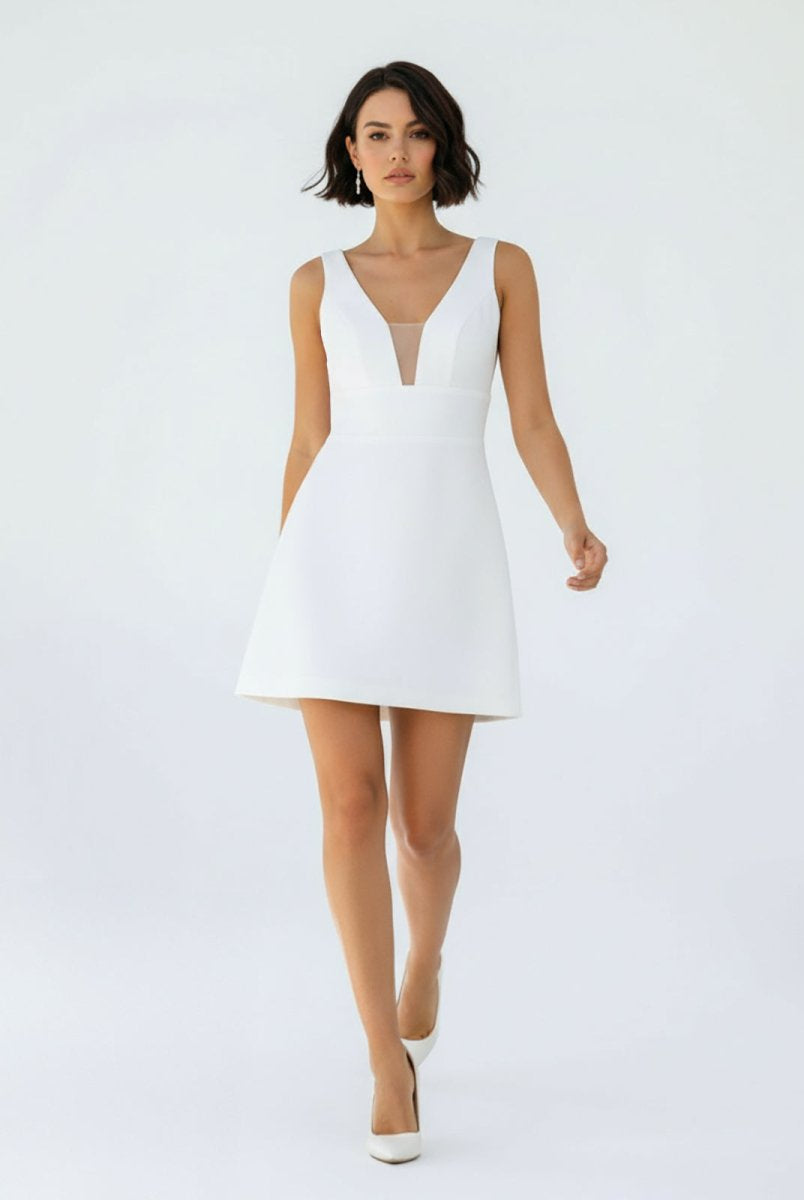 Tayana | A - Line V - Neck Sleeveless Short Mini Satin Wedding Dresses - KissProm