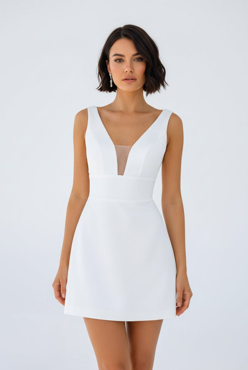Tayana | A - Line V - Neck Sleeveless Short Mini Satin Wedding Dresses - KissProm