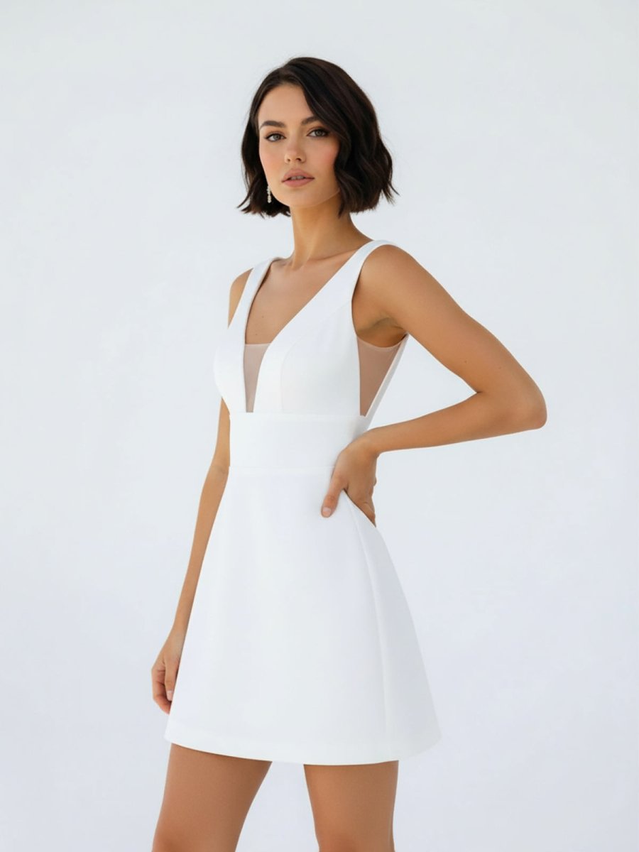 Tayana | A - Line V - Neck Sleeveless Short Mini Satin Wedding Dresses - KissProm