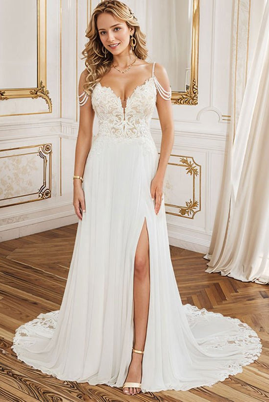 A-Line V-Neck Sweep Train Wedding Dress With Lace Split Front