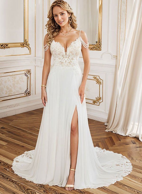 A-Line V-Neck Sweep Train Wedding Dress With Lace Split Front