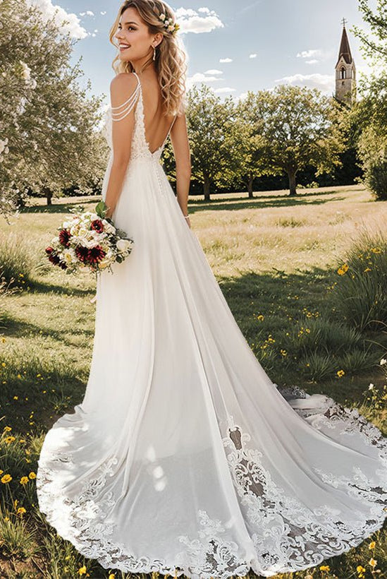A-Line V-Neck Sweep Train Wedding Dress With Lace Split Front