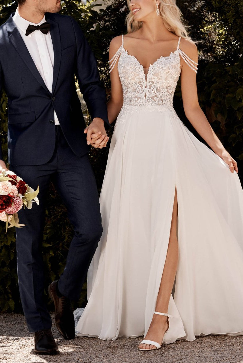 A-Line V-Neck Sweep Train Wedding Dress With Lace Split Front