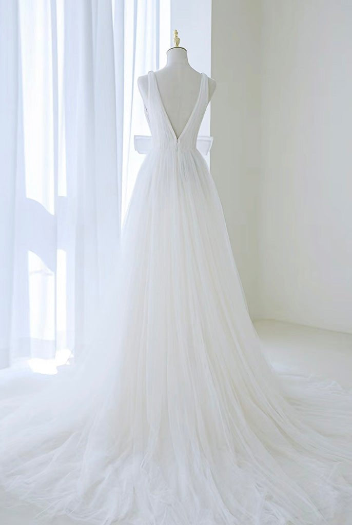 A - Line V Neck White Tulle Long Wedding Dress with Bow - KissProm