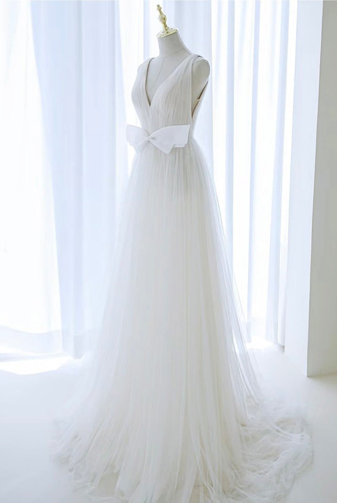 A - Line V Neck White Tulle Long Wedding Dress with Bow - KissProm
