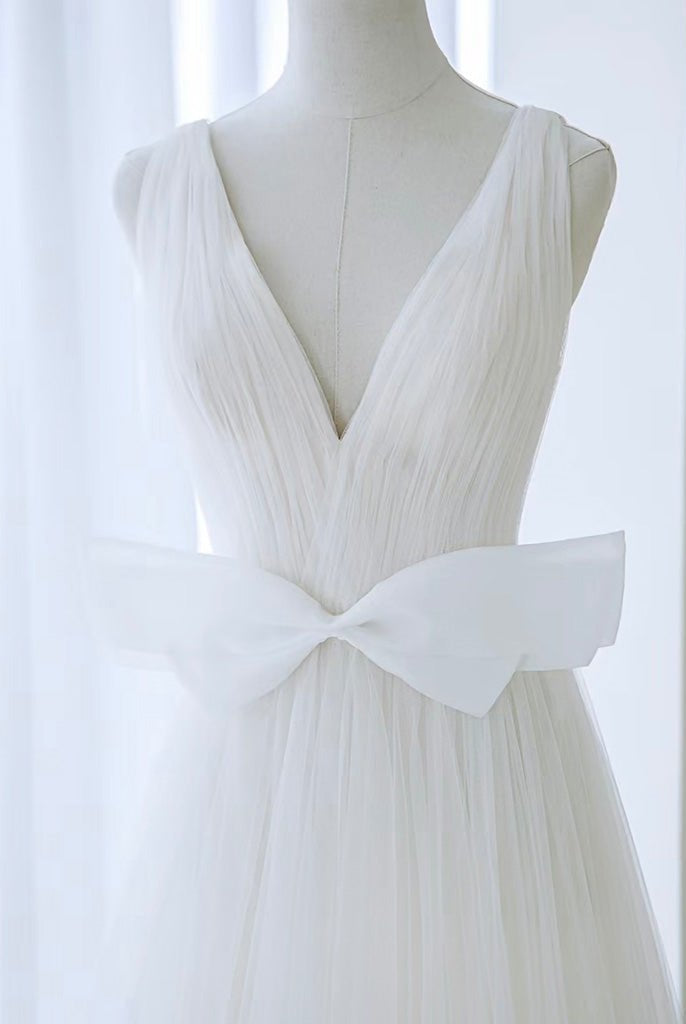 A - Line V Neck White Tulle Long Wedding Dress with Bow - KissProm
