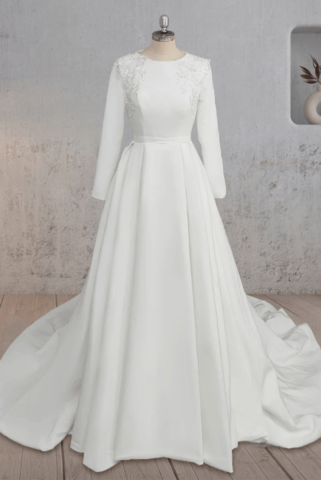 A Line White Long Sleeves Appliqued Wedding Dresses with Train