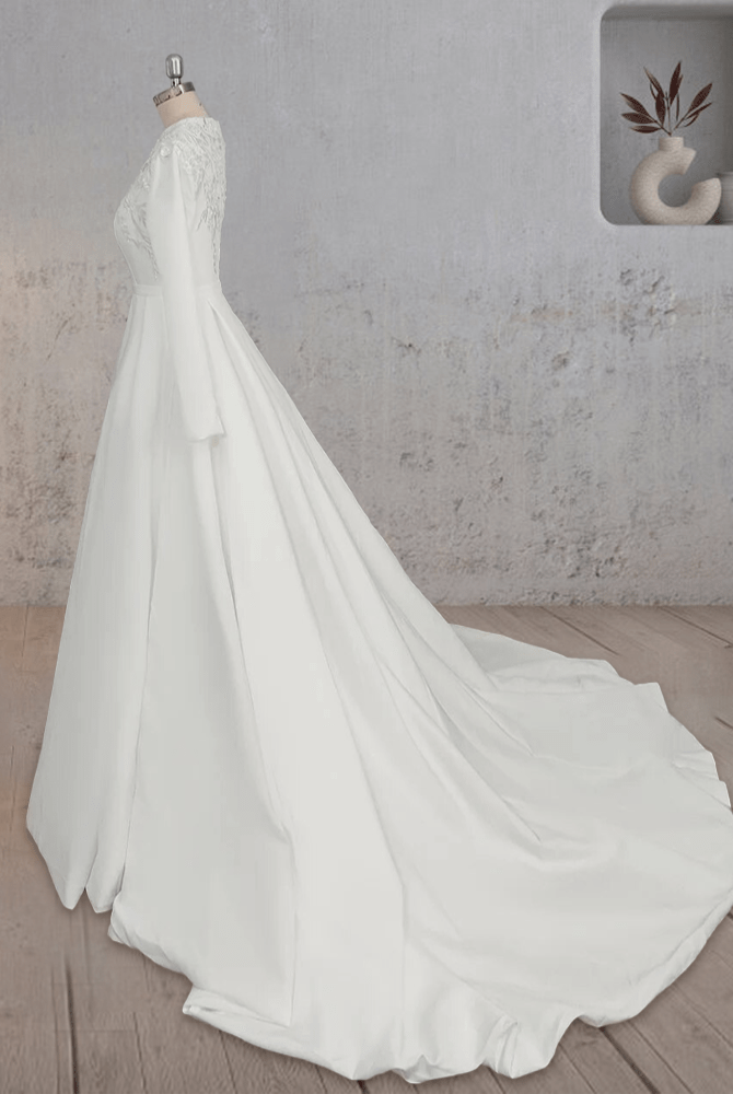 A Line White Long Sleeves Appliqued Wedding Dresses with Train