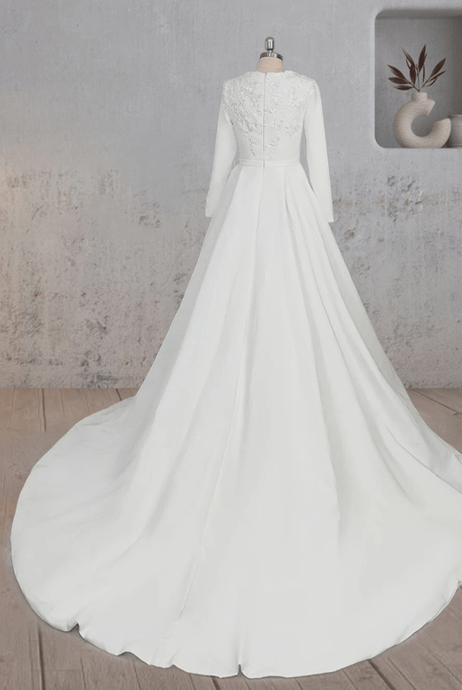 A Line White Long Sleeves Appliqued Wedding Dresses with Train