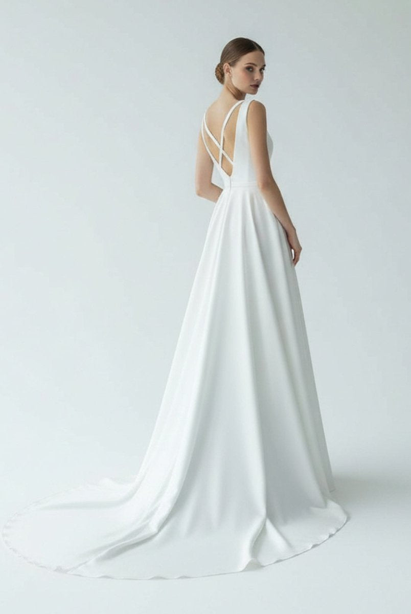 A - Line White Satin Elegant V Neck Wedding Dress - KissProm